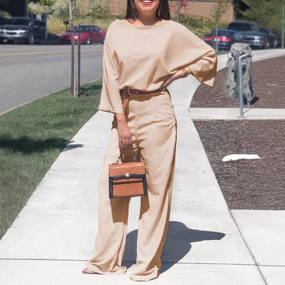 Women’s Jumpsuit – Relaxed Fit – Wide Leg – Breathable Fabric – Boat Neck – 3/4 Sleeve