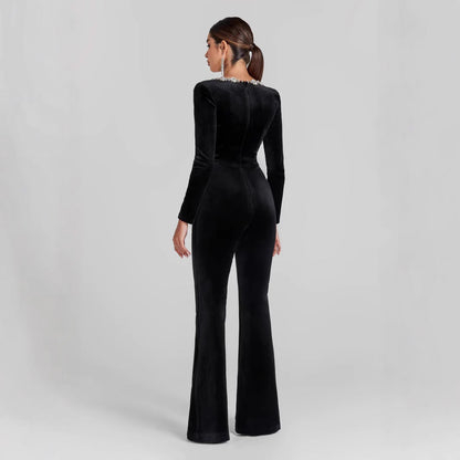Women’s Jumpsuit – Velvet Fabric – Slim Fit – Embellished Neckline – Long Sleeve