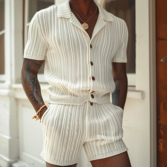 Men’s Knit Shirt and Shorts Set – Slim Fit – Button-Up – Polo Collar – Elastic Waist