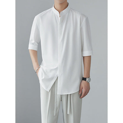 Men’s Long Sleeve Shirt – Relaxed Fit – Lightweight Drapey Fabric – Mandarin Collar