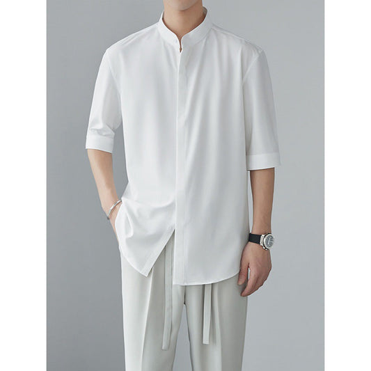 Men’s Long Sleeve Shirt – Relaxed Fit – Lightweight Drapey Fabric – Mandarin Collar