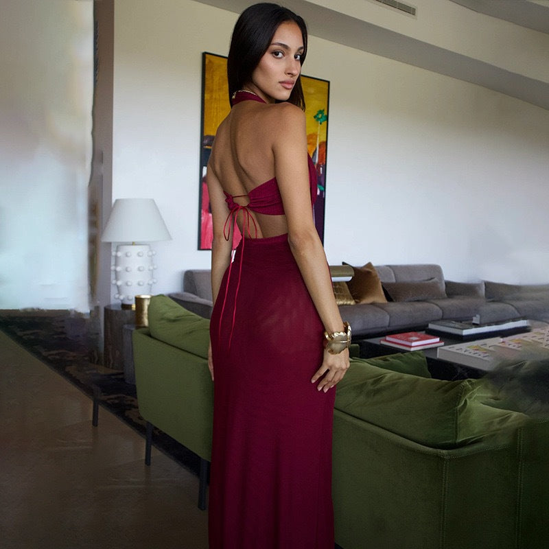 Women's Halter Neck Maxi Dress - Form-Fitting Elegant Gown - Evening Wear