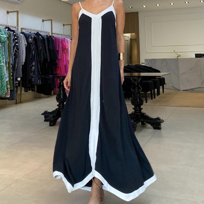 Women’s Maxi Dress – Lightweight Fabric – Loose Fit – V-Neck – Thin Straps – Contrast Trim