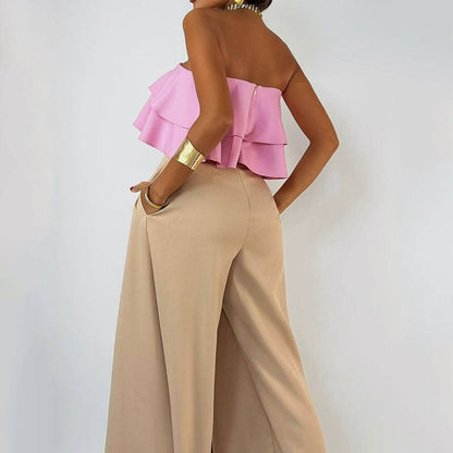 Women’s Strapless Jumpsuit – Ruffled Bodice – Wide Leg – Asymmetrical Draped Overlay
