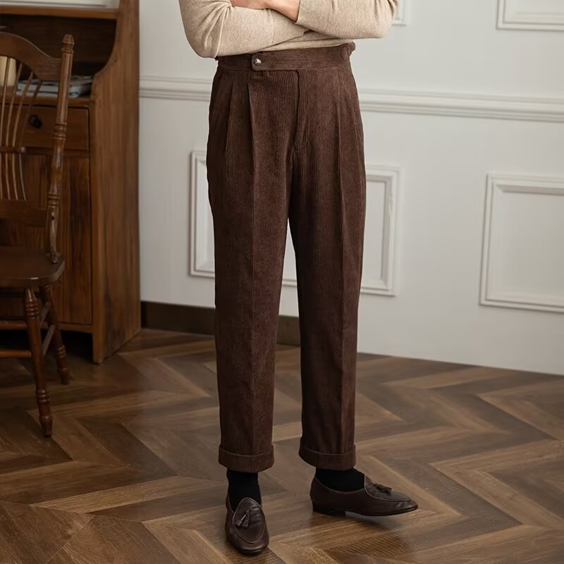 Men’s Corduroy Trousers – High Waist – Straight Fit – Pleated Front – Rolled Cuffs