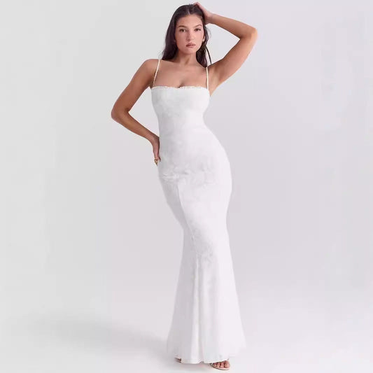 Women’s Maxi Dress – Slim Fit – Lace Trim – Spaghetti Straps – Formal Elegant Wear