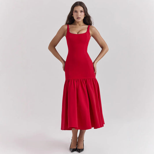 Women’s Evening Dress – Satin Fabric – Fitted Silhouette – Scoop Neck – Midi Length