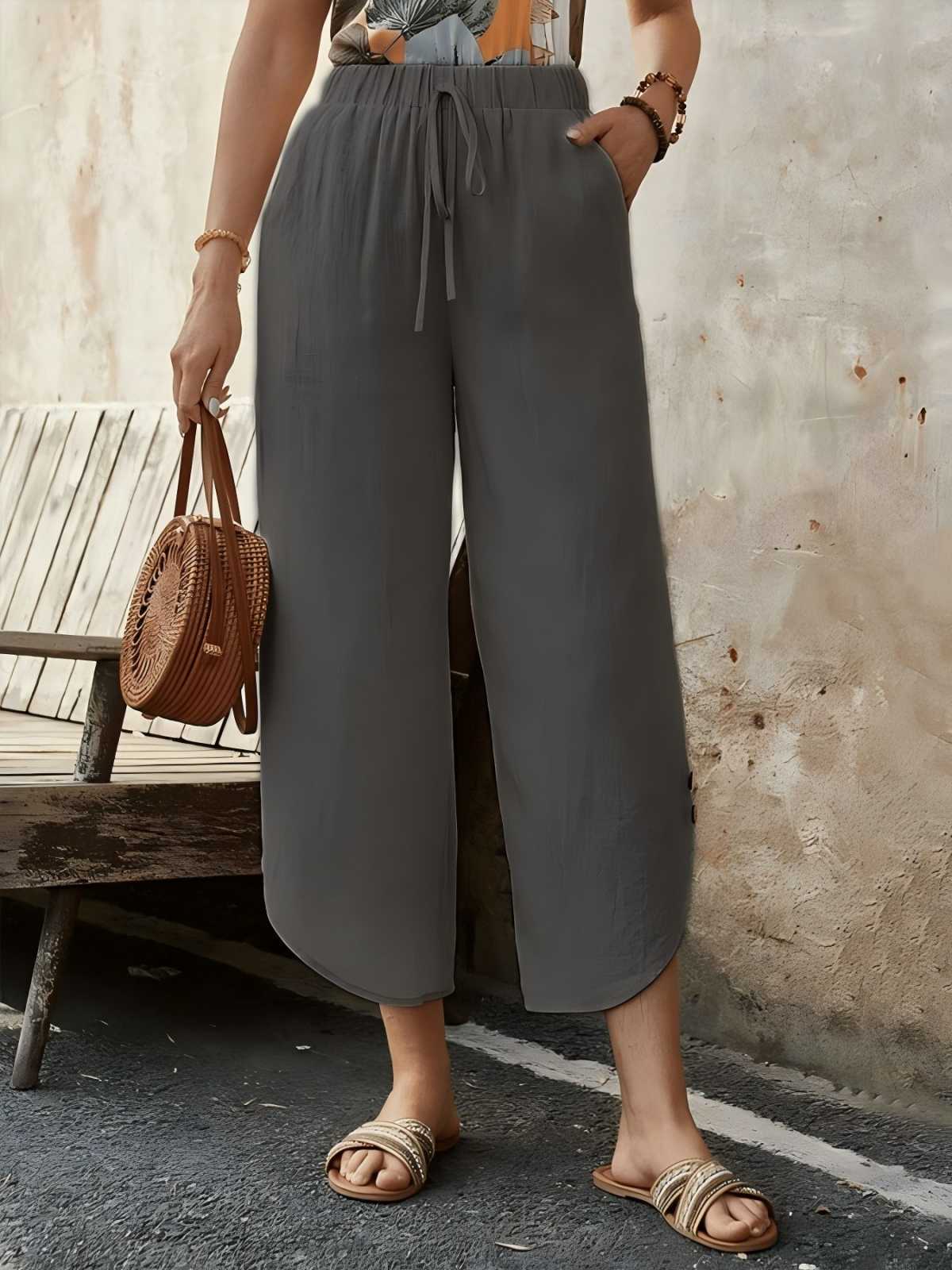 Women’s Cropped Pants – Cotton Linen Blend – High Waist – Wide Leg – Drawstring Waist