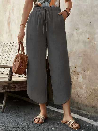 Women’s Cropped Pants – Cotton Linen Blend – High Waist – Wide Leg – Drawstring Waist