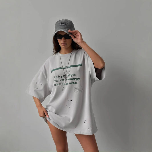 Women’s Oversized T-Shirt – Cotton Blend – Relaxed Fit – Distressed Graphic Tunic