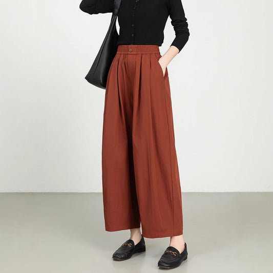 Women’s Wide-Leg Pants – High Rise – Elastic Waist – Pleated – Lightweight Twill