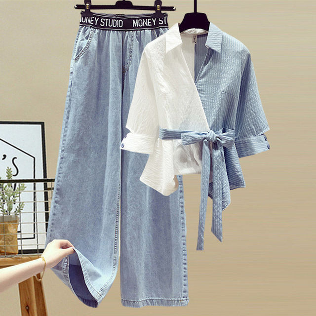Women’s Two Piece Sets – High Waist Pants – Wide Leg – Loose Fit – Cropped Shirt – Cotton Feel