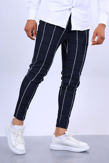 Men’s Slim Fit Pants - Cotton - Ankle Length - Windowpane Plaid Pattern