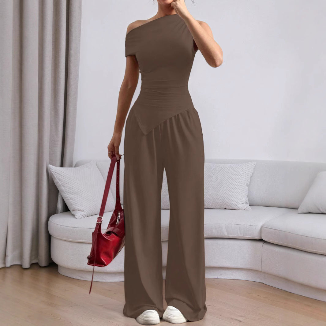 Women’s Two-Piece Set – One Shoulder Slim Top – High-Waist – Wide-Leg Pants