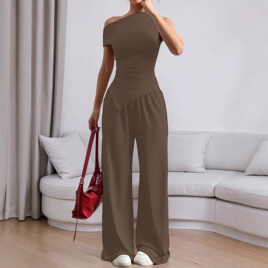 Women’s Two-Piece Set – One Shoulder Slim Top – High-Waist – Wide-Leg Pants