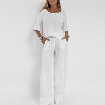 Women’s Two-Piece Set – Linen Blend – Relaxed Fit – Short Sleeve Top & Wide-Leg Pants