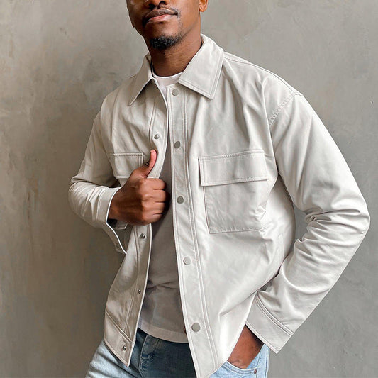Men's Faux Leather Jacket – Relaxed Fit – Snap Button Front – Chest Flap Pockets