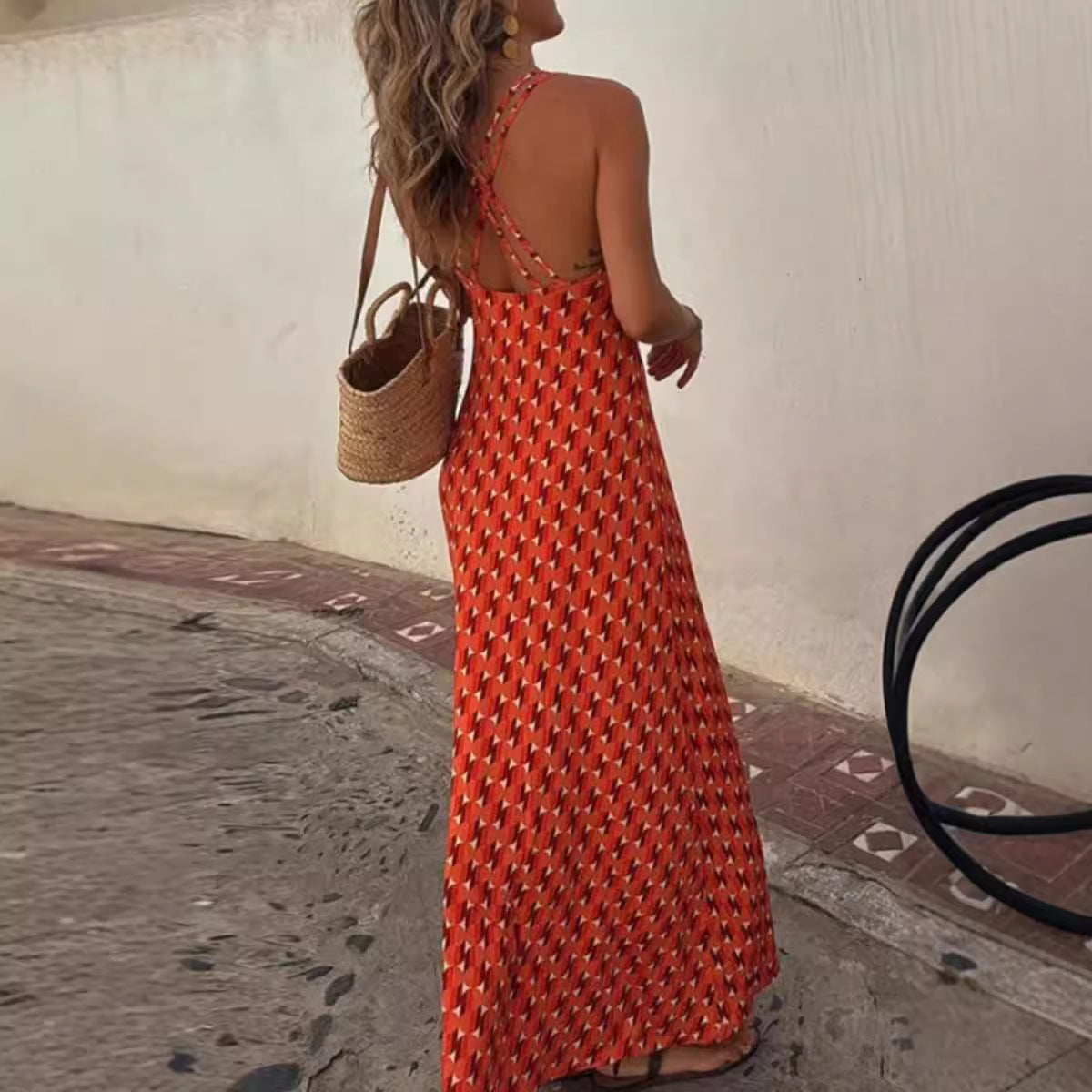 Women’s Long Dress – Slim Fit Halter Neck – Cut-Out Detail – Bold Printed Fabric