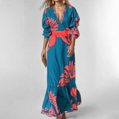 Women’s Maxi Dress – Bold Print – V-Neck – Puff Sleeve – Belted Waist – Flowy Fit