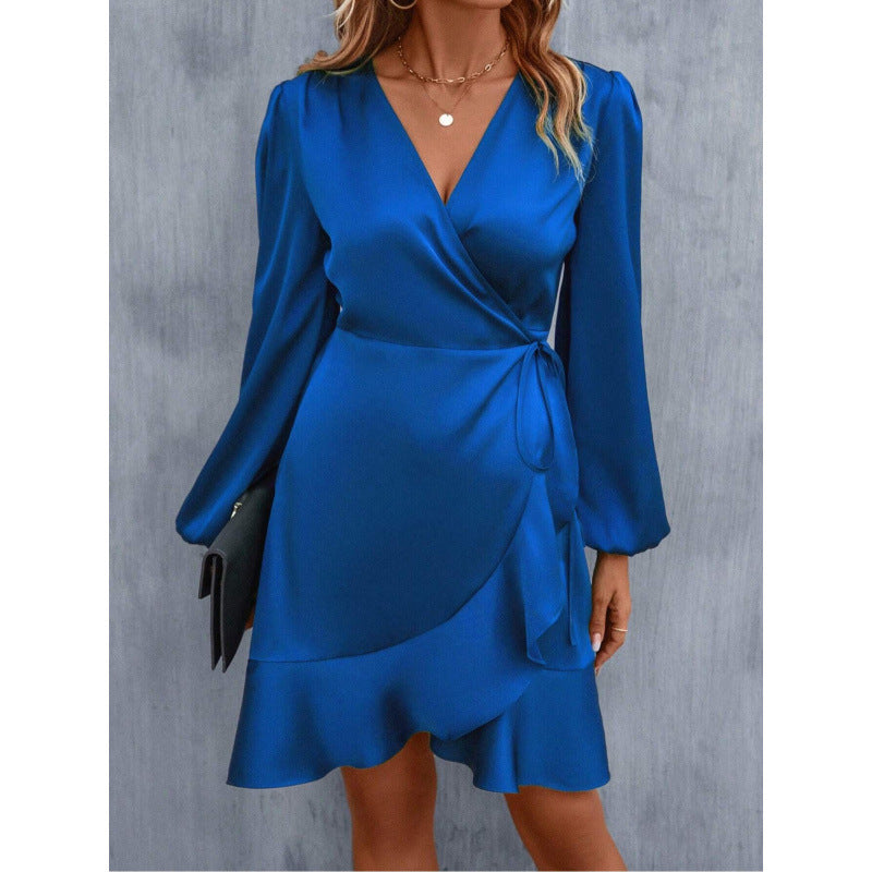 Women’s Wrap Dress – Satin Look – Long Sleeve – Puff Shoulder – Asymmetrical Hem