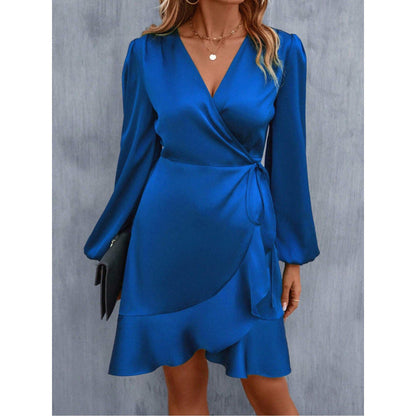 Women’s Wrap Dress – Satin Look – Long Sleeve – Puff Shoulder – Asymmetrical Hem