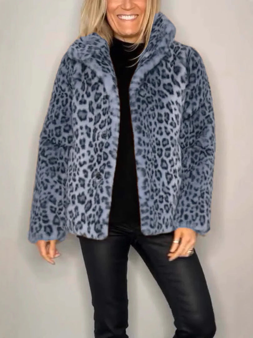 Women’s Coat – Faux Fur – Oversized Fit – Leopard Print – Notched Collar – Casual Style