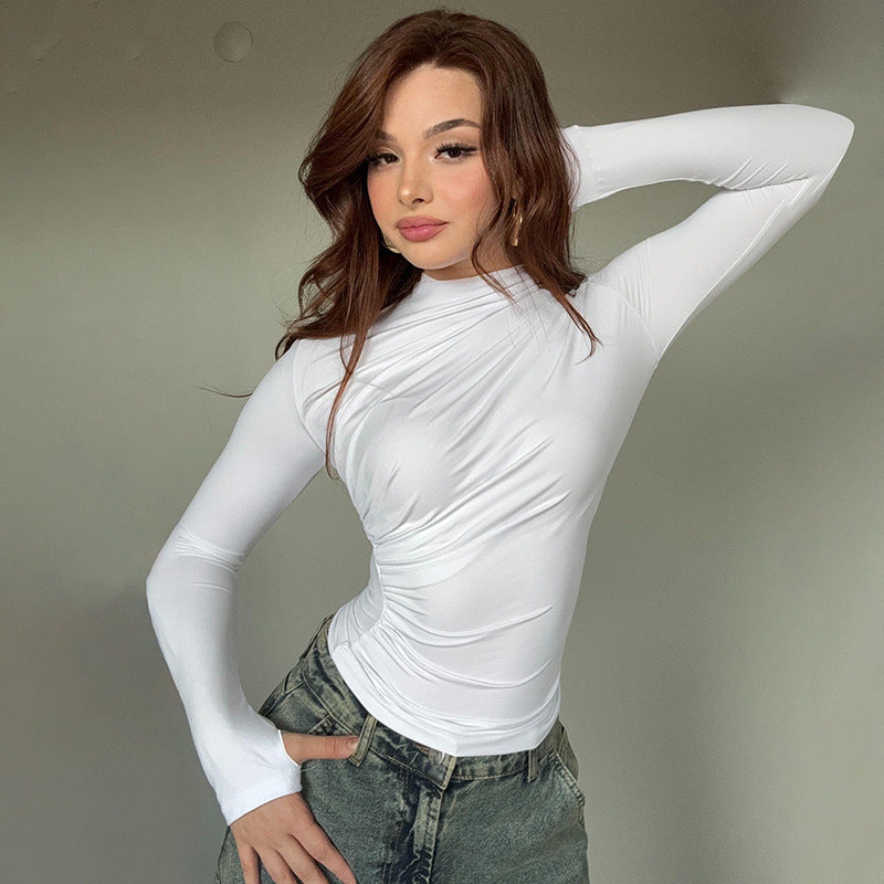 Women’s Long Sleeve Top – Slim Fit – High Neck – Ruched Detailing – Soft Stretch Fabric