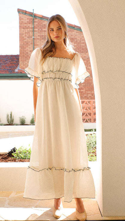Women’s Long Dress – Flowing Fit – Ruffled Sleeves – Tiered Skirt – Smocked Waist