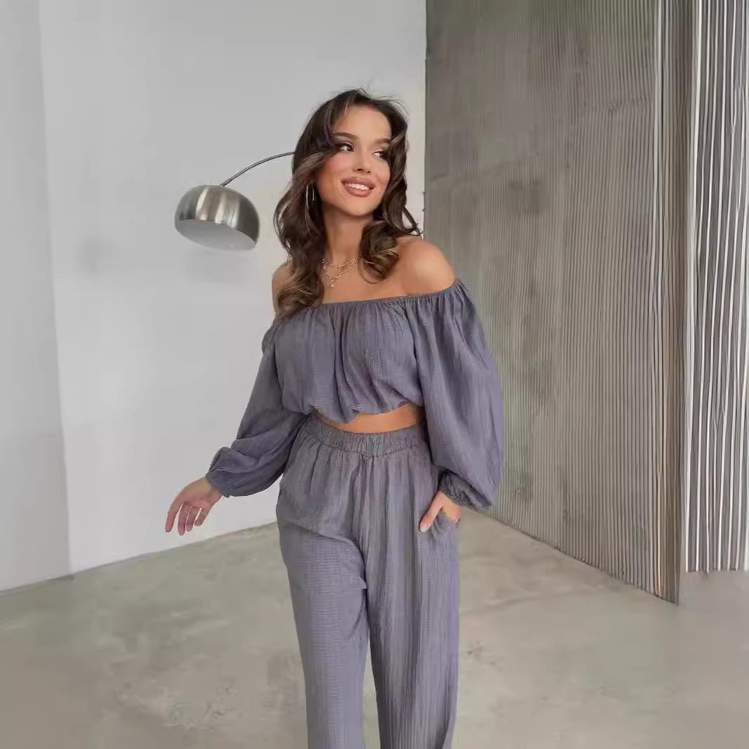 Women’s Two-Piece Set – Off-Shoulder Crop Top – Wide-Leg High-Waist Pants – Breathable Fabric