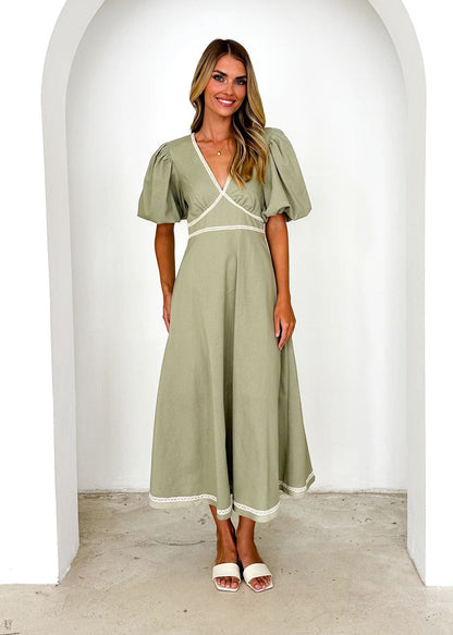 Women’s Long Dress – V-Neck Lace Trim – Puff Sleeve – Fitted Waist – Flowy Skirt