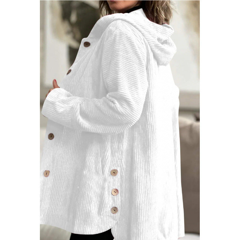 Women’s Hooded Jacket – Corduroy – Relaxed Fit – Mid-Length – Button Front Casual