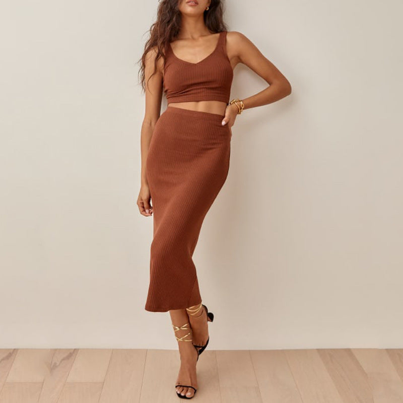 Women’s Matching Set – Ribbed Knit Crop Top and High-Waisted Midi Skirt – Slim Fit Breathable