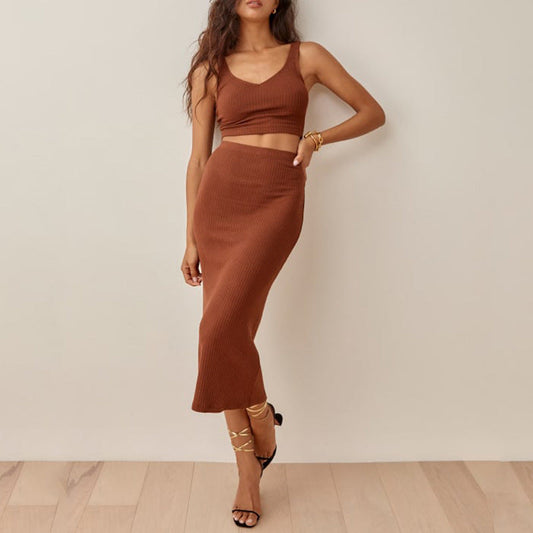 Women’s Matching Set – Ribbed Knit Crop Top and High-Waisted Midi Skirt – Slim Fit Breathable