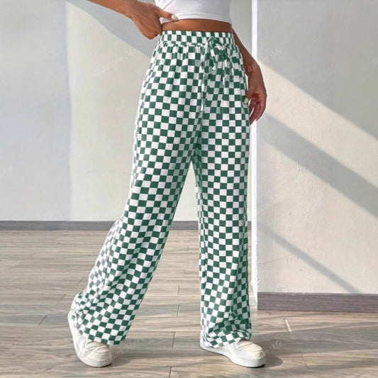 Women’s Wide-Leg Trousers – Relaxed Fit – Cotton Blend – Checkered – Elastic Waist