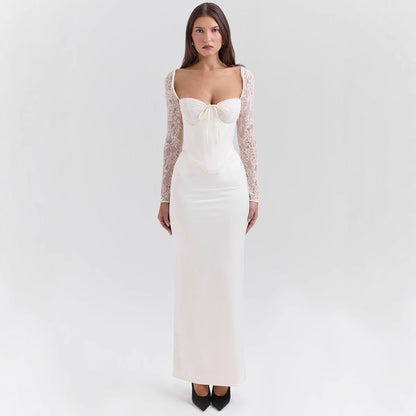 Women’s Evening Dress – Satin Bodycon Fit – Lace Long Sleeves – Sweetheart Neckline