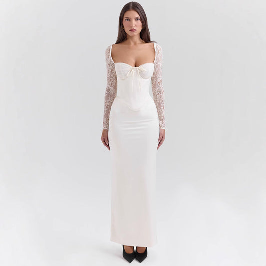 Women’s Evening Dress – Satin Bodycon Fit – Lace Long Sleeves – Sweetheart Neckline