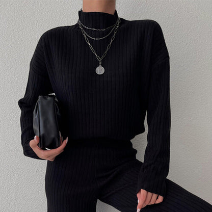 Women’s Knit Set – Ribbed Two-Piece – Oversized Top – Semi-High Neck – Full Length