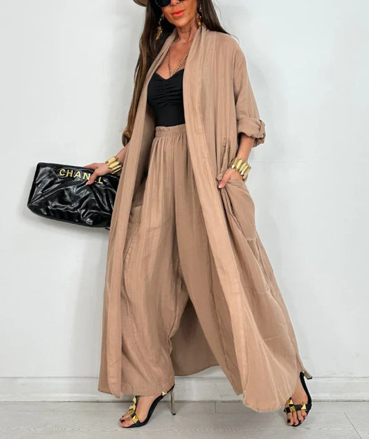 Women’s Two-Piece Set - Long Jacket - Relaxed Fit - Full Length - Wide-Leg Pants - With Pockets