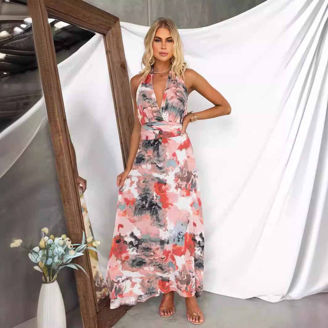 Women’s A-Line Dress – Abstract Print – V-Neck – Tie Back – Open Back – Full Length