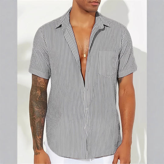 Men’s Casual Shirt – Cotton Blend – Relaxed Fit – Short Sleeve – Vertical Stripes