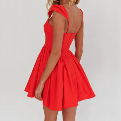 Women’s Sleeveless Mini Dress – Cotton Blend – Square Neck – Fitted Pleated Skirt