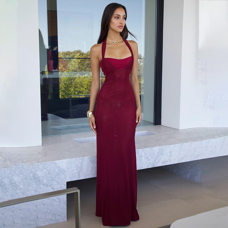 Women's Halter Neck Maxi Dress - Form-Fitting Elegant Gown - Evening Wear