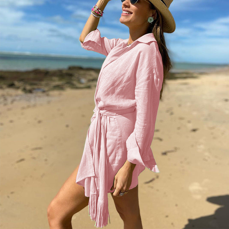 Women’s Wrap Dress – Cotton Linen Blend – Mini Length – Collared V-Neck – Long Sleeve