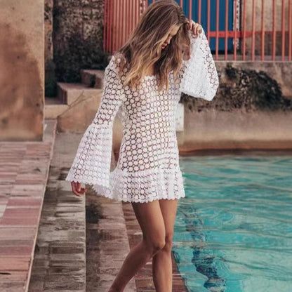 Women’s Beach Cover-Up Dress – Lightweight Crochet – Flowy Fit – Bell Sleeves – Mini Length