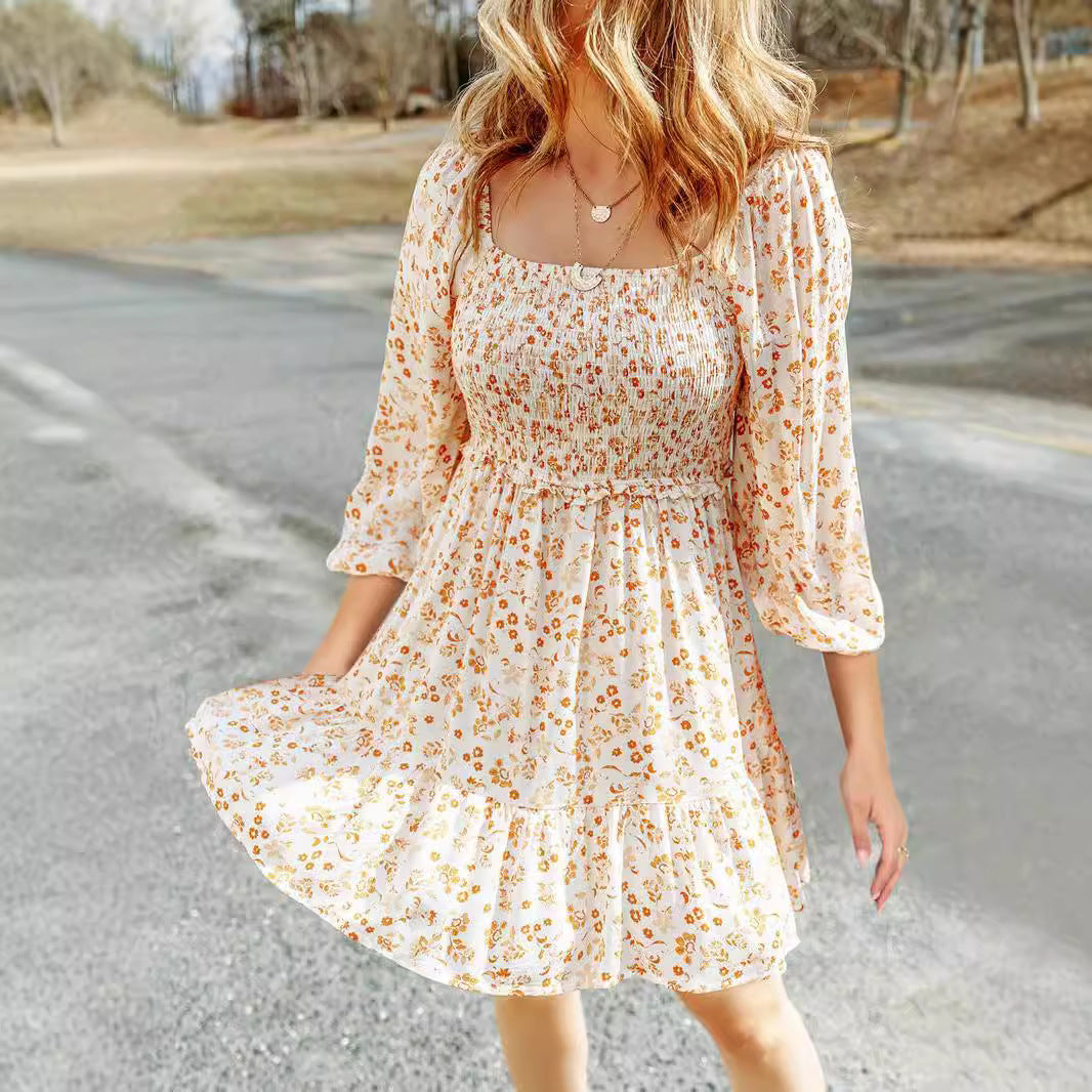 Women’s A-Line Dress – Cotton Blend – Smocked Bodice – Short Sleeve – Floral Print