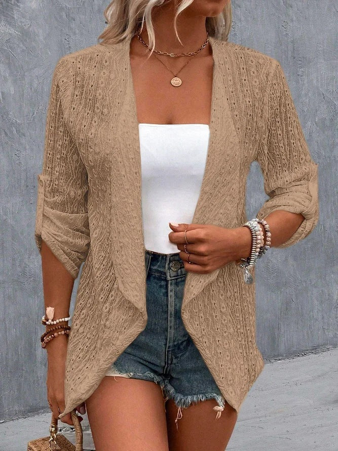Women’s Cardigan – Crochet Knit – Open Front – Relaxed Fit – Three-Quarter Sleeve