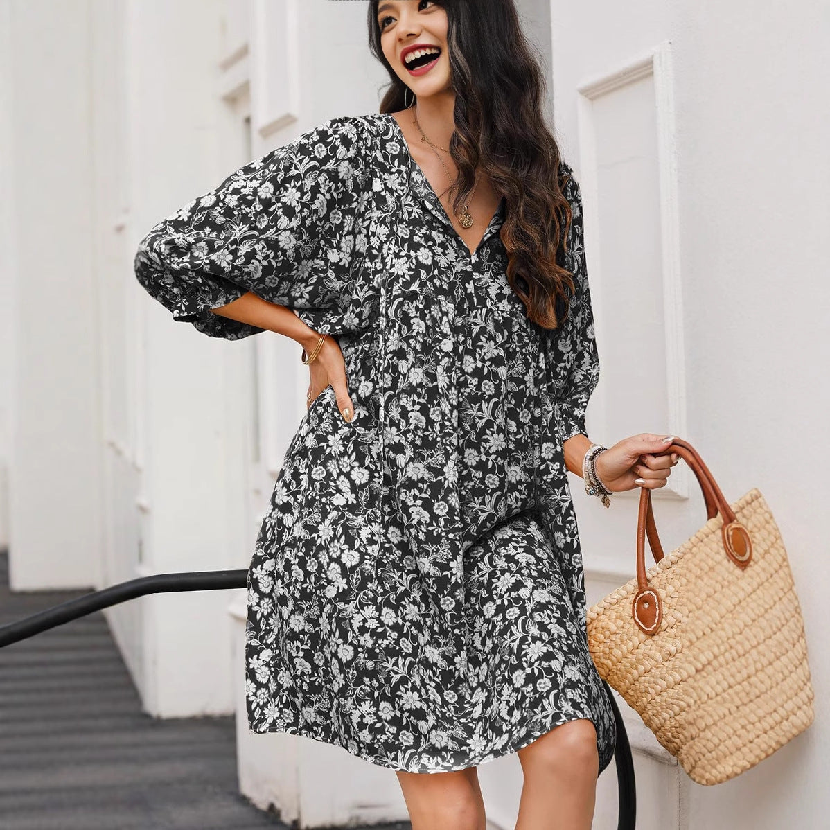 Women’s Midi Dress – V-Neck – Lantern Sleeve – Relaxed Fit – Cotton Boho Floral
