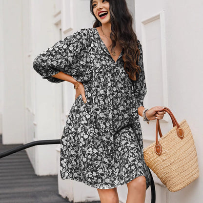 Women’s Midi Dress – V-Neck – Lantern Sleeve – Relaxed Fit – Cotton Boho Floral