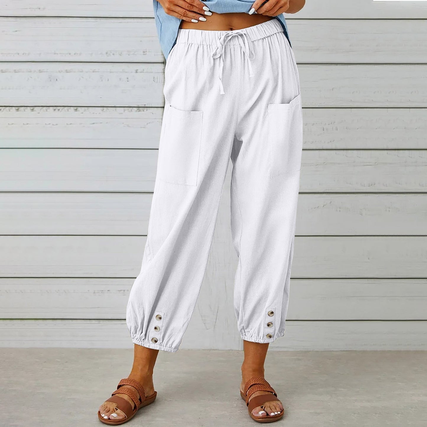 Women’s Cropped Pants – Cotton Linen Blend – High Waist – Loose Fit – Drawstring Waist – Elastic Cuff