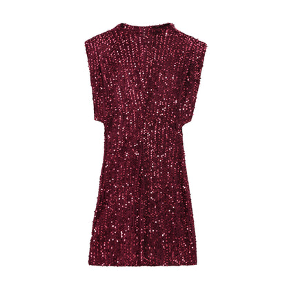 Women’s Mini Dress – Slim Fit – Sequin Fabric – Sleeveless – Structured Shoulders